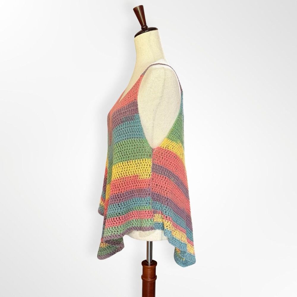 Rainbow Crochet V Striped Handmade Tank Top, M Boho Festival - Picture 4 of 7